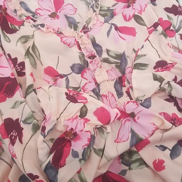 KOjOOIN Pink Floral Smocked Tiered Midi Dress SZ L - Picture 12 of 17